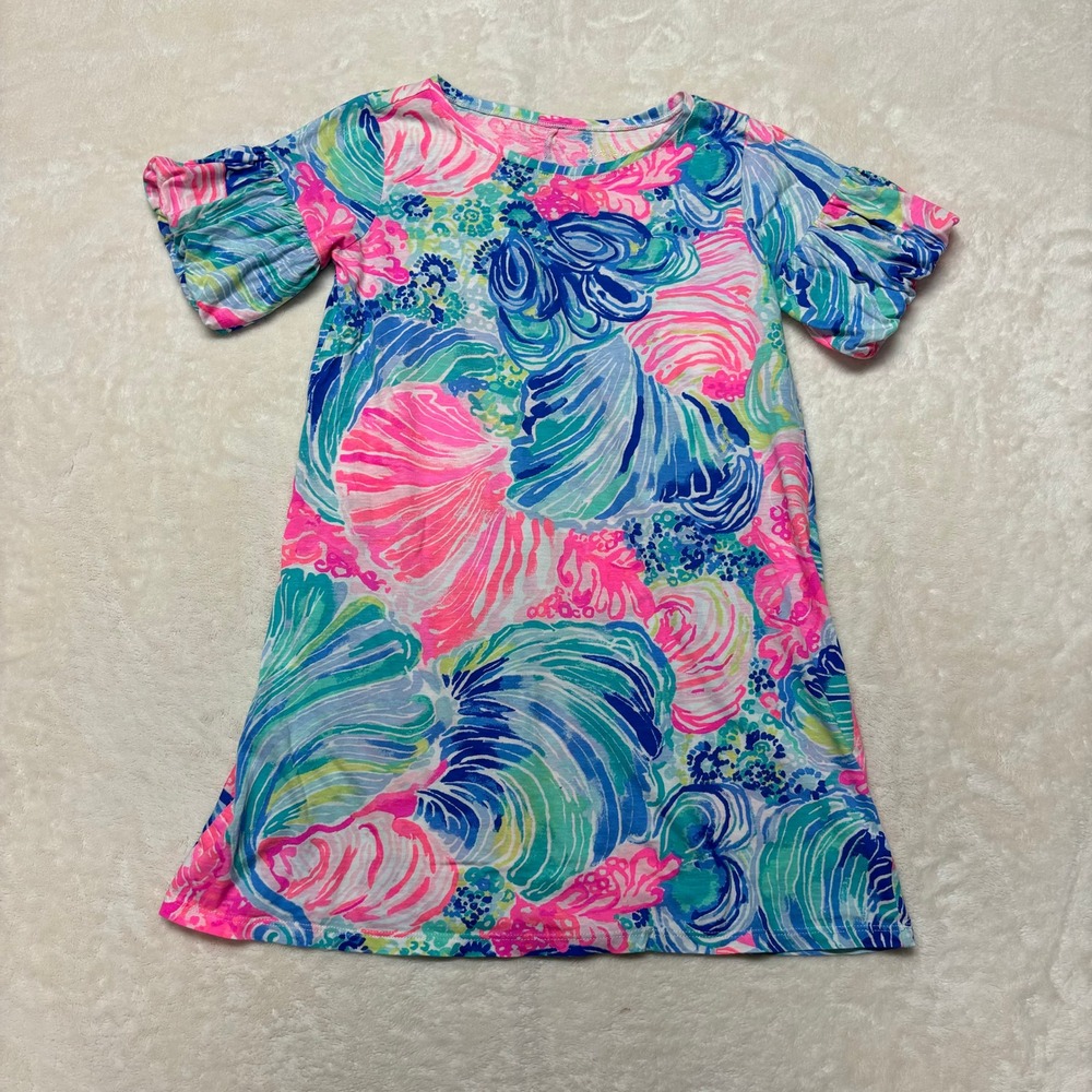 Lilly Pulitzer Girls Mini Lindell Dress Puff Sleeve Beach Please Size Large 8-10
